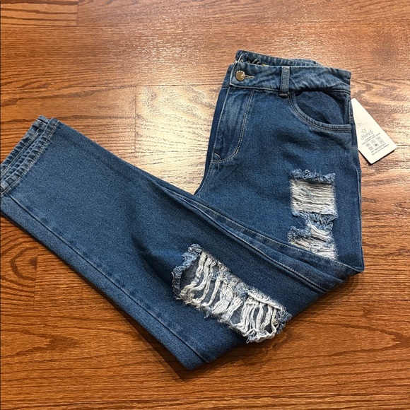 Women’s Distressed torn front denim Jeans cotton slight stretch 5 pocket NWT 10 - Picture 1 of 12
